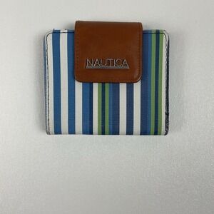 Nautica Blue Green Striped‎ Trifold Wallet Snap Closure ID Slot Compact